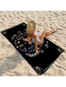 Orange Butterfly Moon & Flower Print Microfiber Beach Towel, Quick Dry Bohemian Floral Plant Sand-Free Towel For Adults Mandala Bath Towel Shower Towels For Beauty Salon, Hotel Sports, Home Essentials, Towel, Skin Care Bath Towel Sheet