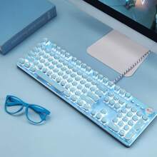 Pink Typewriter Keyboard and Mouse,Retro Vintage Mechanical Gaming Keyboard with White LED Backlit,104 Keys Anti-Ghosting Blue Switch Wired Cute Keyboard,Round Keycaps for Desktop PC/Laptop Mac - 藍色 - 查看 3
