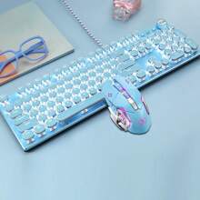 Pink Typewriter Keyboard and Mouse,Retro Vintage Mechanical Gaming Keyboard with White LED Backlit,104 Keys Anti-Ghosting Blue Switch Wired Cute Keyboard,Round Keycaps for Desktop PC/Laptop Mac - 藍色 - 查看 4