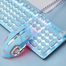 Pink Typewriter Keyboard and Mouse,Retro Vintage Mechanical Gaming Keyboard with White LED Backlit,104 Keys Anti-Ghosting Blue Switch Wired Cute Keyboard,Round Keycaps for Desktop PC/Laptop Mac - 藍色 - 查看 7
