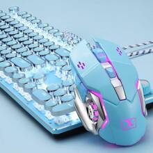 Pink Typewriter Keyboard and Mouse,Retro Vintage Mechanical Gaming Keyboard with White LED Backlit,104 Keys Anti-Ghosting Blue Switch Wired Cute Keyboard,Round Keycaps for Desktop PC/Laptop Mac - 藍色 - 查看 2