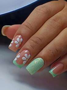 24 cái/bộ Ngắn Hình vuông Phong cách Điền viên Nghệ thuật làm Móng Với 1 Miếng Giũa móng tay Và 1 Miếng Thạch Gel - Nhiều màu - Xem 1