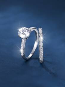 1pair Classic 925 Sterling Silver White Cubic Zirconia Patterned Wedding Ring Set For Women, Engagement, Anniversary & Bridal Gift - Silver - View 3