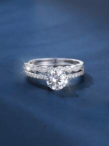 1pair Classic 925 Sterling Silver White Cubic Zirconia Patterned Wedding Ring Set For Women, Engagement, Anniversary & Bridal Gift - Silver - View 2