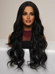Stylish Elegant Black Long Loose Wavy Wig 34 Inches Center Part Bangs Soft Voluminous Heat-Resistant Fiber Suitable For Daily Wear, Holiday Gatherings, Wedding Parties, Halloween, Christmas, Cosplay, Y2K Winter Casual Streetwear, And More - Black - View 5