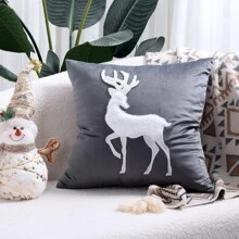 1入組小鹿圖案刺繡絲絨方形枕套,現代風格客廳沙發墊套適用於秋天,冬天和聖誕裝飾用品,45*45CM - 灰色 - 查看 1