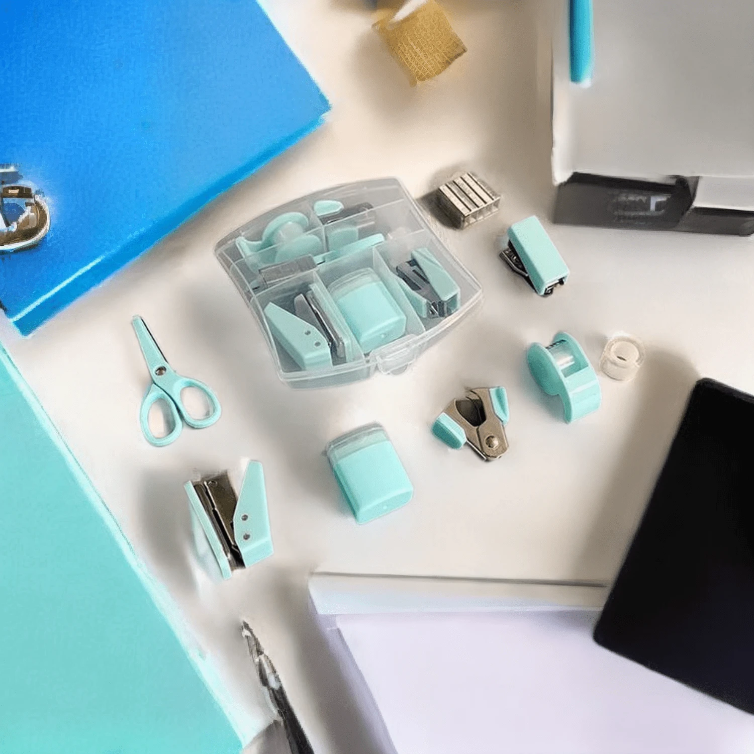 8入組薄荷綠色文具套裝,含蛋白石糖果色文具收納盒,包括訂書機、打孔器、訂書釘拆除器、膠帶分配器、透明膠帶、鉛筆筆筒、剪刀、500pcs訂書釘,適用於女孩和女性的學校和辦公室用品,方便的明膠盒包裝,是學生和白領的理想禮物 - 薄荷綠 - 查看 1