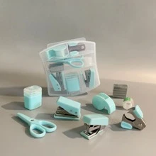 8入組薄荷綠色文具套裝,含蛋白石糖果色文具收納盒,包括訂書機、打孔器、訂書釘拆除器、膠帶分配器、透明膠帶、鉛筆筆筒、剪刀、500pcs訂書釘,適用於女孩和女性的學校和辦公室用品,方便的明膠盒包裝,是學生和白領的理想禮物 - 薄荷綠 - 查看 2