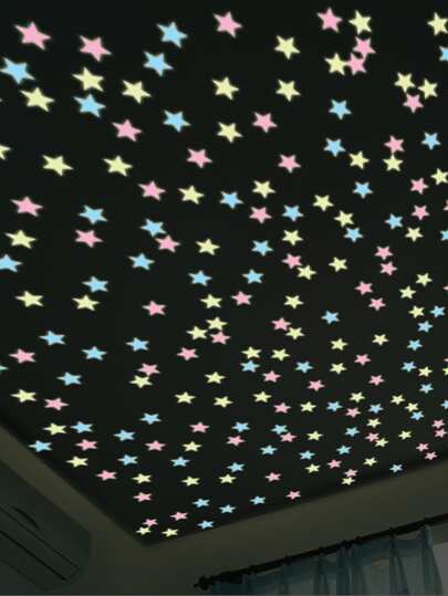 100 piezas/paquete Pegatinas de estrellas luminosas 3D, Pegatinas de estrellas brillantes de plástico autoadhesivas para decorar el techo, la pared, las pegatinas, la decoración de la pared del dormitorio de los niños, artículos de decoración de primavera para refrescar su hogar, pegatinas de decoración de ramas, decoración de vuelta al colegio, útiles escolares