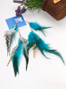 1 对创意波西米亚风格不对称纹理羽毛和流苏吊坠耳环 - 彩色 - 查看 2