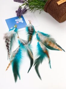 1 对创意波西米亚风格不对称纹理羽毛和流苏吊坠耳环 - 彩色 - 查看 3