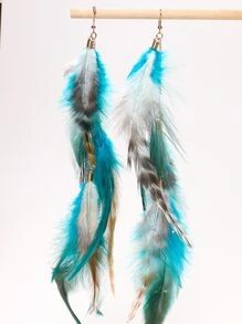 1 对创意波西米亚风格不对称纹理羽毛和流苏吊坠耳环 - 彩色 - 查看 4