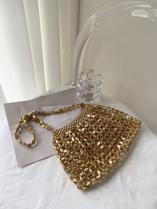 Bolsa de Ombro de Luxo Elegante e Glamourosa para Festa, Mulher, Noiva, com Contas de Metal Oco e Brilhante, Perfeita para Festa, Casamento, Baile de Formatura, Jantar/Banquete