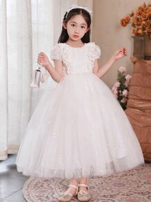 Chica preadolescentes encaje lentejuelas gasa vestido boda flor niña vestido blanco fiesta de cumpleaños manga corta vestido largo - Blanco - Ver 1