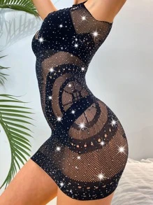 1-Pack Floral Rhinestone Embellished Cutout Fishnet Babydoll Sexy Lingerie - Black - View 4