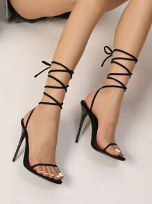 鑽石細跟條帶圓頭球綁帶涼鞋適合女士 - 黑色 - 查看 4