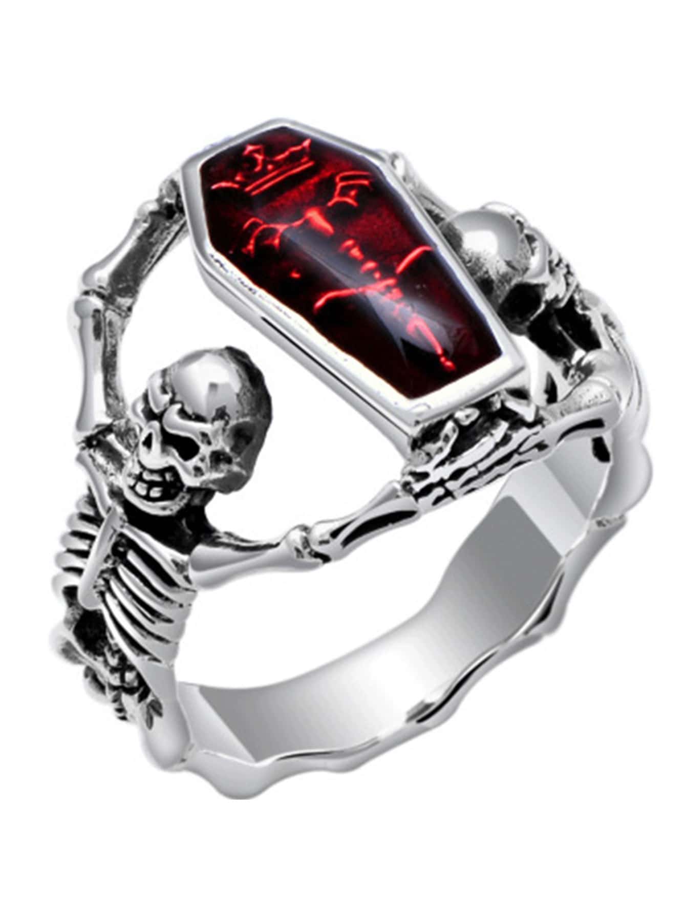 1pc Vintage Gothic Vampire Bat & Skull Head Ring - Multicolor - View 1