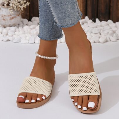 Summer 2023 New Mesh Hollow Out Flat Slipper For Women, Simple And Fresh Beach Vacation Sandals With Anti-skid