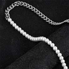 10mm男士珍珠項鍊女士半珍珠半鏈條樣式項鍊不銹鋼銀扣環項鍊珍珠項鍊適合男士