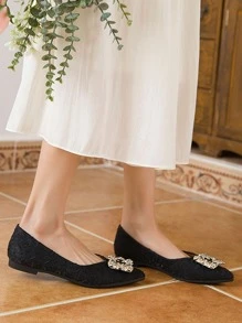 女士黑色尖頭平底鞋帶水鑽裝飾,軟底,理想適合春天和晚上場合 - 黑色 - 查看 2