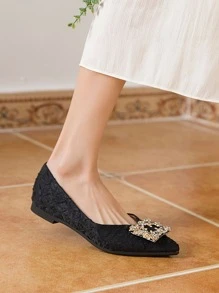 女士黑色尖頭平底鞋帶水鑽裝飾,軟底,理想適合春天和晚上場合 - 黑色 - 查看 3