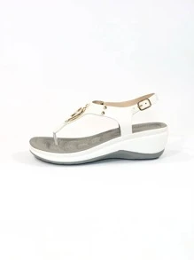 女式圓形和鉚釘裝飾腳趾露跟坡跟涼鞋，時尚白色涼鞋 - 白色 - 查看 5