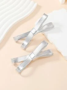 2入組女士銀色pu皮革蝴蝶結髮夾,街頭通用 - 銀色 - 查看 2