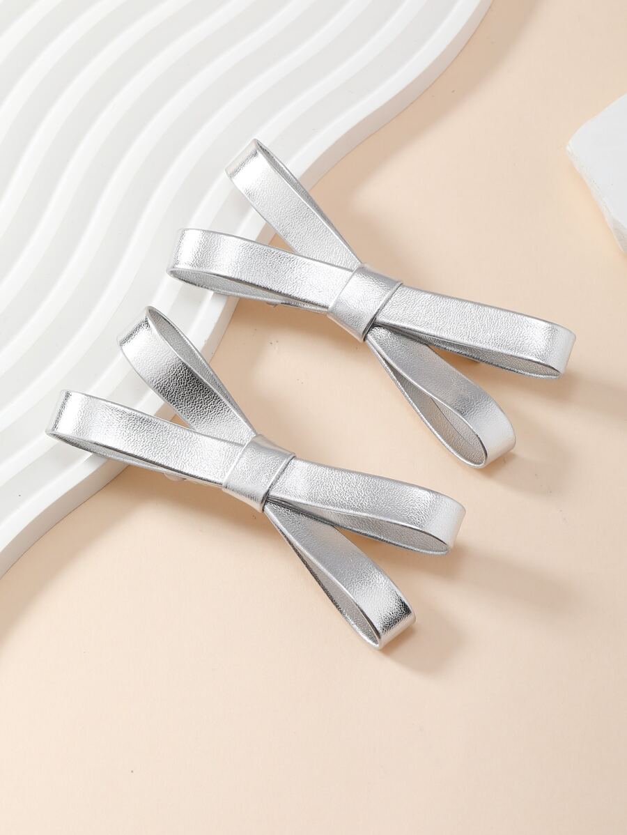 2入組女士銀色pu皮革蝴蝶結髮夾,街頭通用 - 銀色 - 查看 1