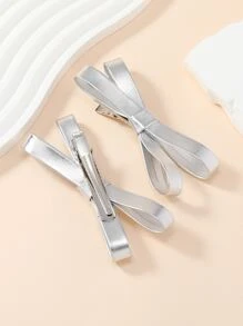 2入組女士銀色pu皮革蝴蝶結髮夾,街頭通用 - 銀色 - 查看 3