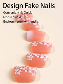 Elevate Your Style with 24pcs Short Square Nude Floral Print Fake Nail & 1pc Nail File & 1sheet Tape - Multicolor - View 4