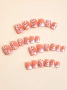 Elevate Your Style with 24pcs Short Square Nude Floral Print Fake Nail & 1pc Nail File & 1sheet Tape - Multicolor - View 3