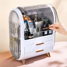 KIPOZI Makeup Storage Box, Countertop Portable Vanity Cosmetics Organizer Preppy Style - White - View 10
