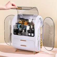 KIPOZI Makeup Storage Box, Countertop Portable Vanity Cosmetics Organizer Preppy Style - White - View 7