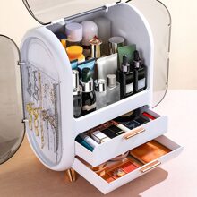 KIPOZI Makeup Storage Box, Countertop Portable Vanity Cosmetics Organizer Preppy Style - White - View 3