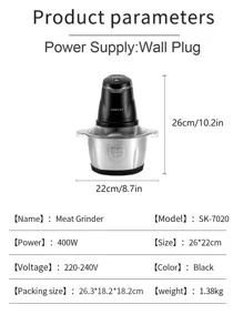 1入插頭式sokany Sk-7020 2.0l家用小型肉磨機,採用304不鏽鋼機身,2速,雙層4刀片,銅電機,不銹鋼插口,400瓦高功率,快速磨粉,濃度均勻 - 黑色 - 查看 10