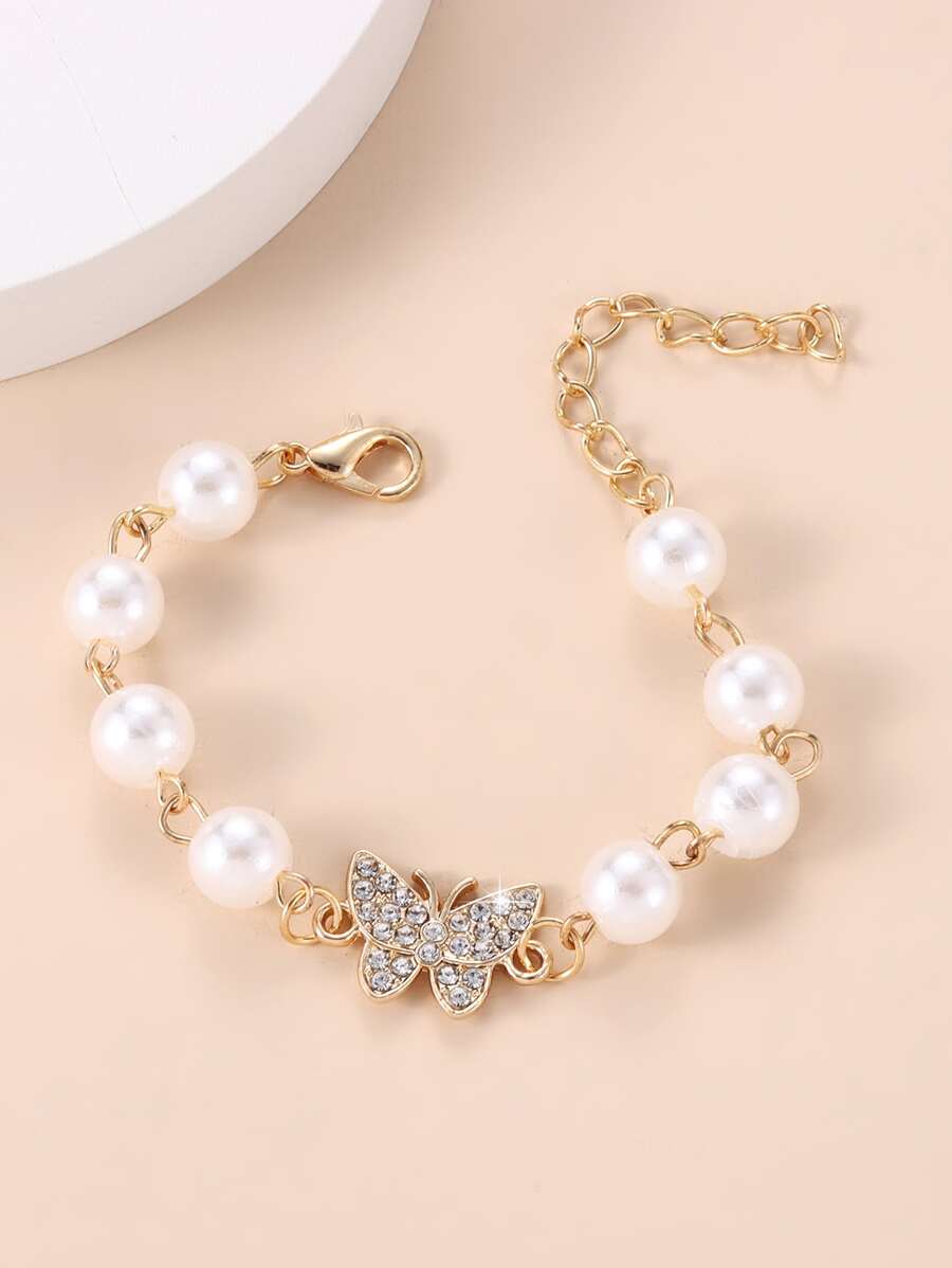 女孩優雅珍珠蝴蝶設計時尚手鍊