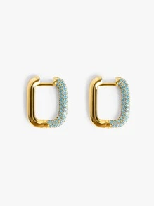 1 Pair Luxury Gold Plated Multicoloured Cubic Zirconia Square Circle Hoop Earrings - Baby Blue - View 1