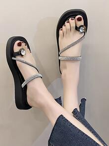 女士时尚水钻装饰人字拖凉鞋，百搭平底拖鞋 - 黑色 - 查看 1