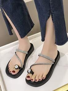 女士时尚水钻装饰人字拖凉鞋，百搭平底拖鞋 - 黑色 - 查看 3