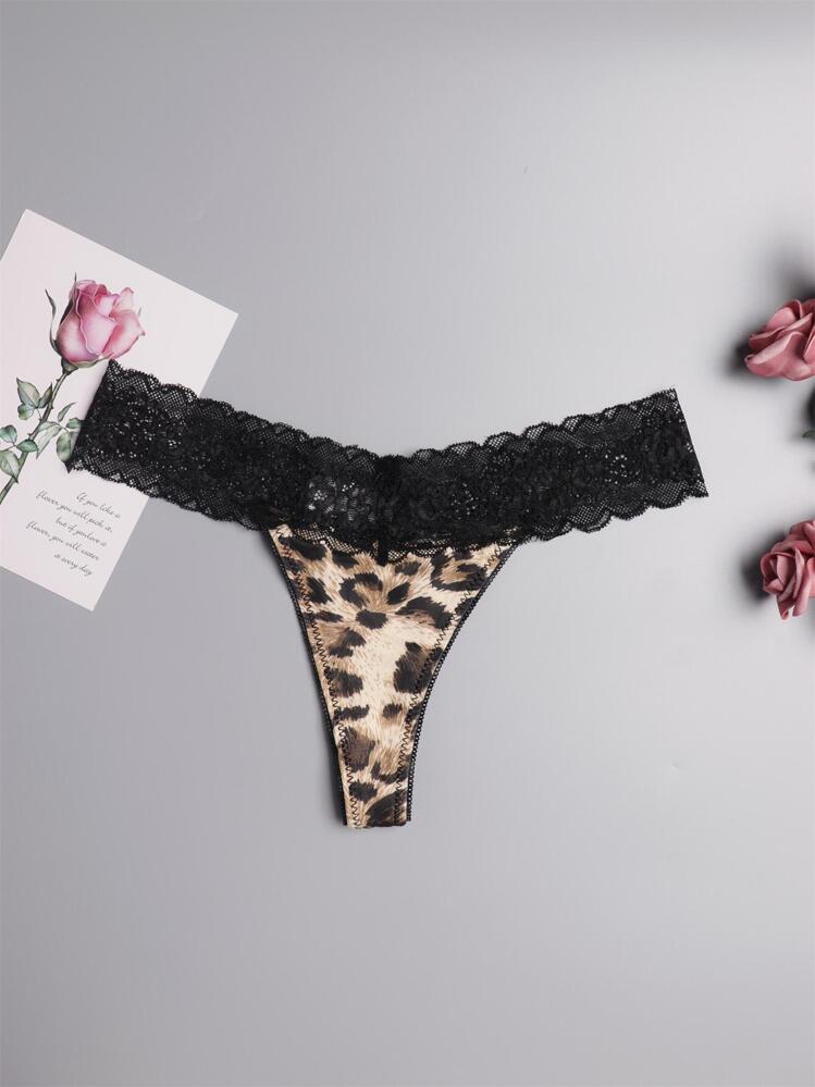 Morvia Women Lace Trim Black Leopard Print Sexy Cute Thong