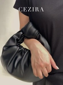 CEZIRA 素色百褶雲朵包女士時尚頂部單手提帶褶邊錢包流浪手袋磁性鈕扣閉合結飾手柄 - 黑色 - 查看 4