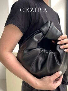 CEZIRA 素色百褶雲朵包女士時尚頂部單手提帶褶邊錢包流浪手袋磁性鈕扣閉合結飾手柄 - 黑色 - 查看 5