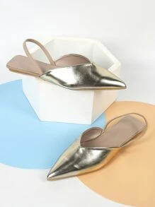 Women Metallic Point Toe Slingback Flats, Glamorous Gold Flats