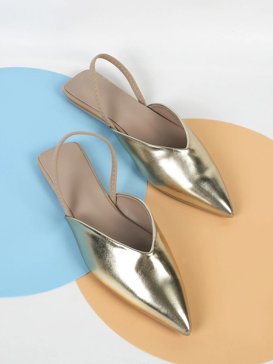Women Metallic Point Toe Slingback Flats, Glamorous Gold Flats
