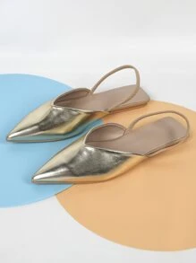 Women Metallic Point Toe Slingback Flats, Glamorous Gold Flats