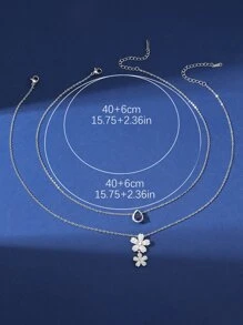 Hihho 2入組經典&多用途有創意設計發亮的方晶鋯石&藍色的寶石水滴雙簇吊墜優雅女性鎖骨項鏈套裝適用於日期禮品 - 銀色 - 查看 7