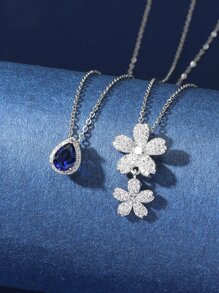 Hihho 2入組經典&多用途有創意設計發亮的方晶鋯石&藍色的寶石水滴雙簇吊墜優雅女性鎖骨項鏈套裝適用於日期禮品 - 銀色 - 查看 4