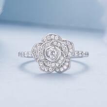 Bamoer 925純銀豪華花朵戒指，精緻的清新玫瑰戒指鑲嵌CZ，適合女性的精美珠寶禮物