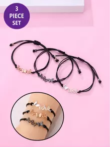 3pcs/Set Children's Zinc Alloy Butterfly Decor Black Waxed Cord Braided Bracelet, With Adjustable Size, Beaded Jewelry Gift For Best Friends - Multicolor - View 2