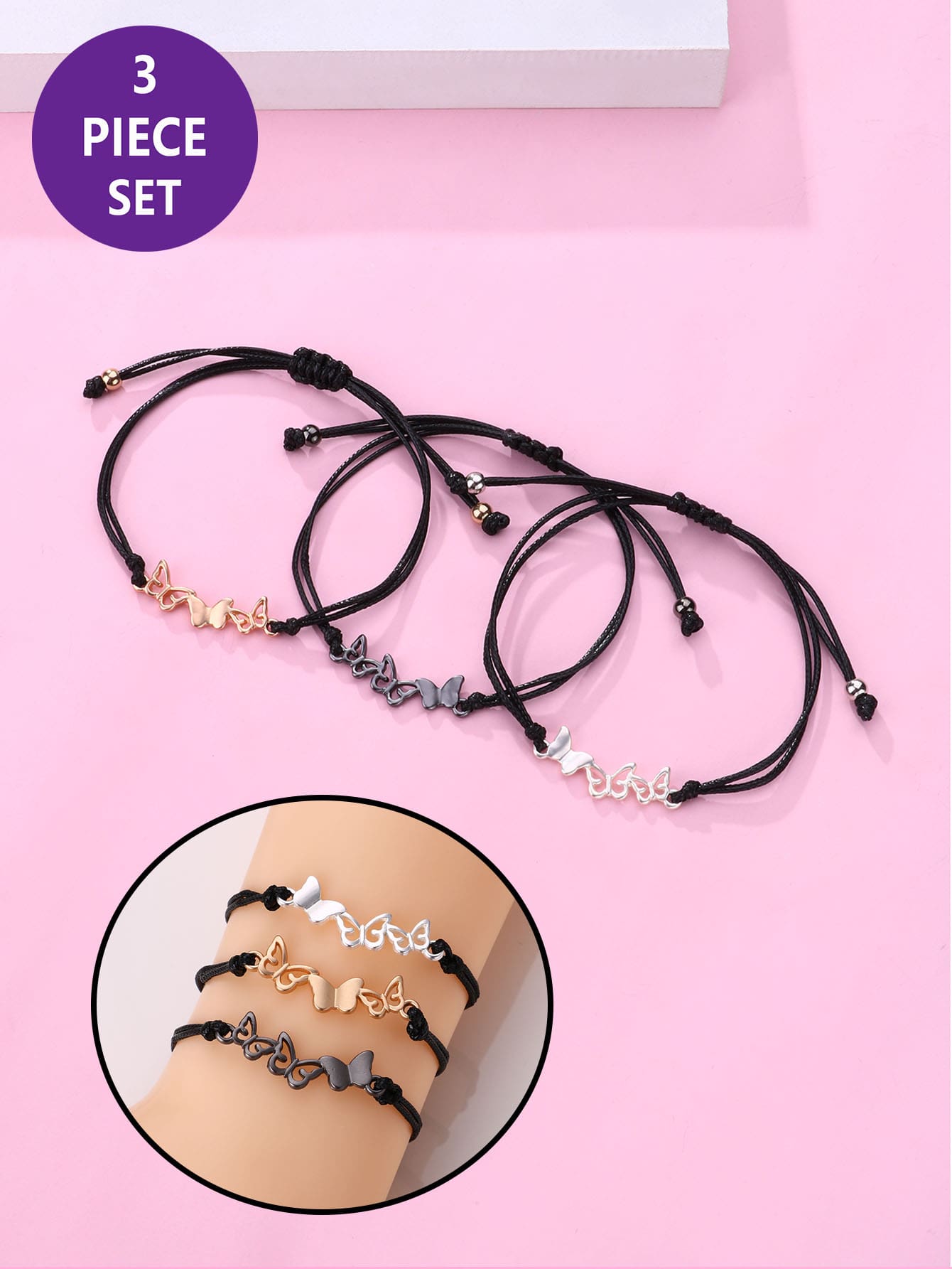 3pcs/Set Children's Zinc Alloy Butterfly Decor Black Waxed Cord Braided Bracelet, With Adjustable Size, Beaded Jewelry Gift For Best Friends